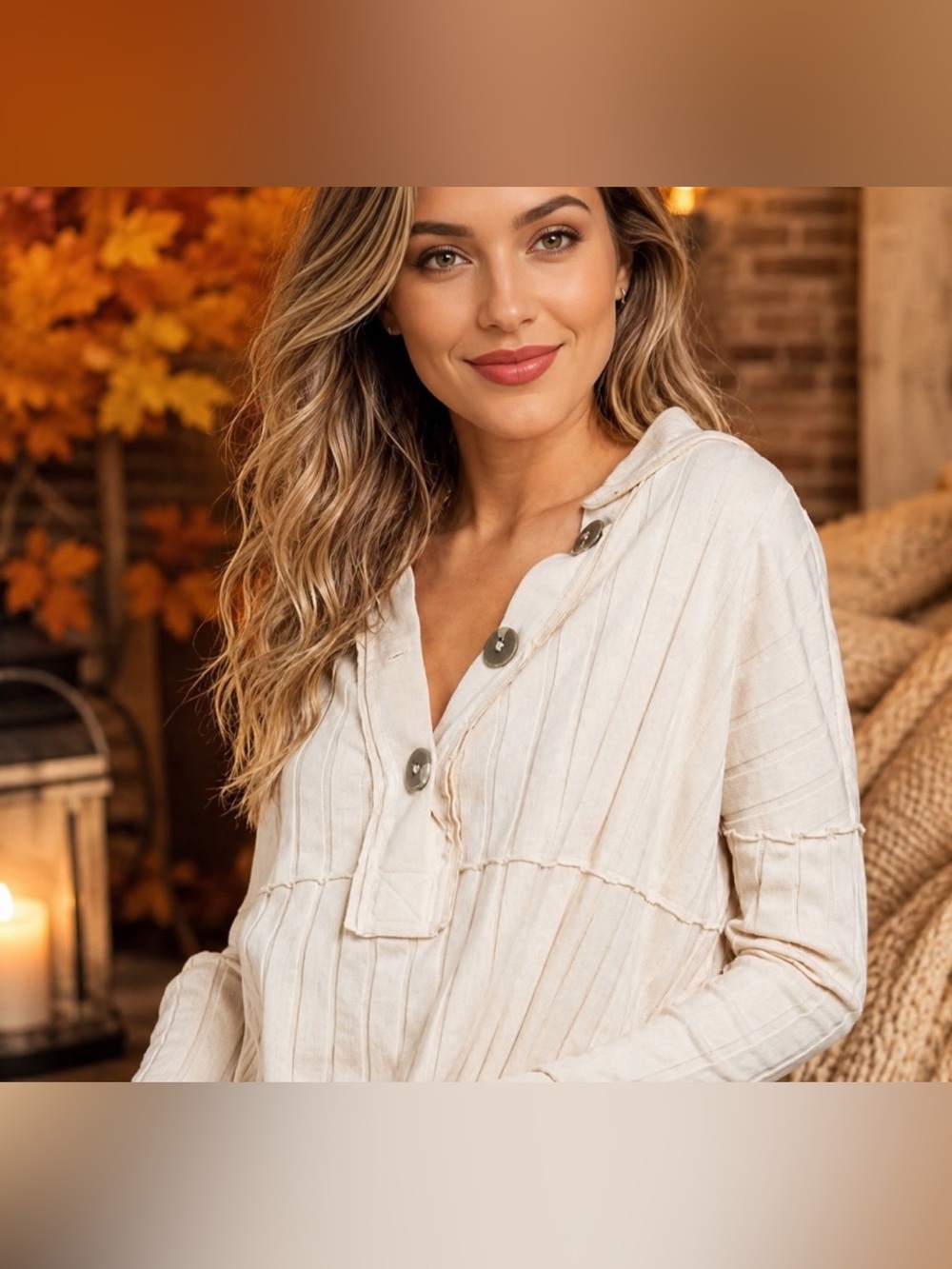 Free People We The Free Cream Ribbed Henley Top Small
